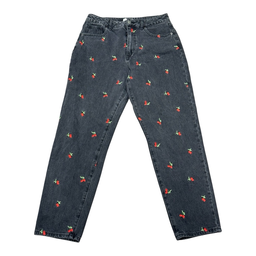 Forever 21 Mom Jeans Size 27 High-rise Black Denim with Cherry Embroidery